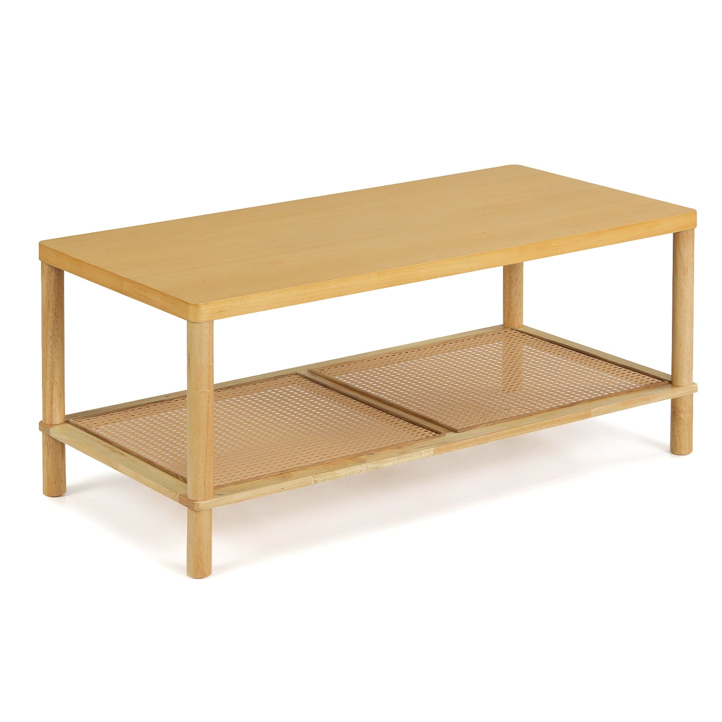 Costway Bijzettafel van Hout Rechthoekige Salontafel met Rattan Opbergruimte Salontafel met Verstelbare Poten Kleine Koffietafel Naturel