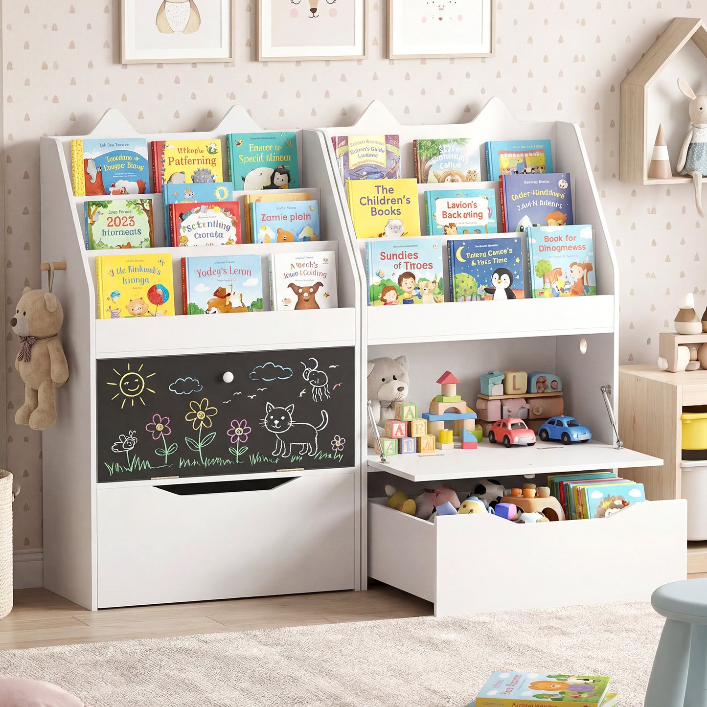 Costway Boekenkast Kind Boekenkast Kast Speelgoedkast met Afneembare Lade met Wielen Kinderboekenrek met Krijtbord Kattenoren Wit