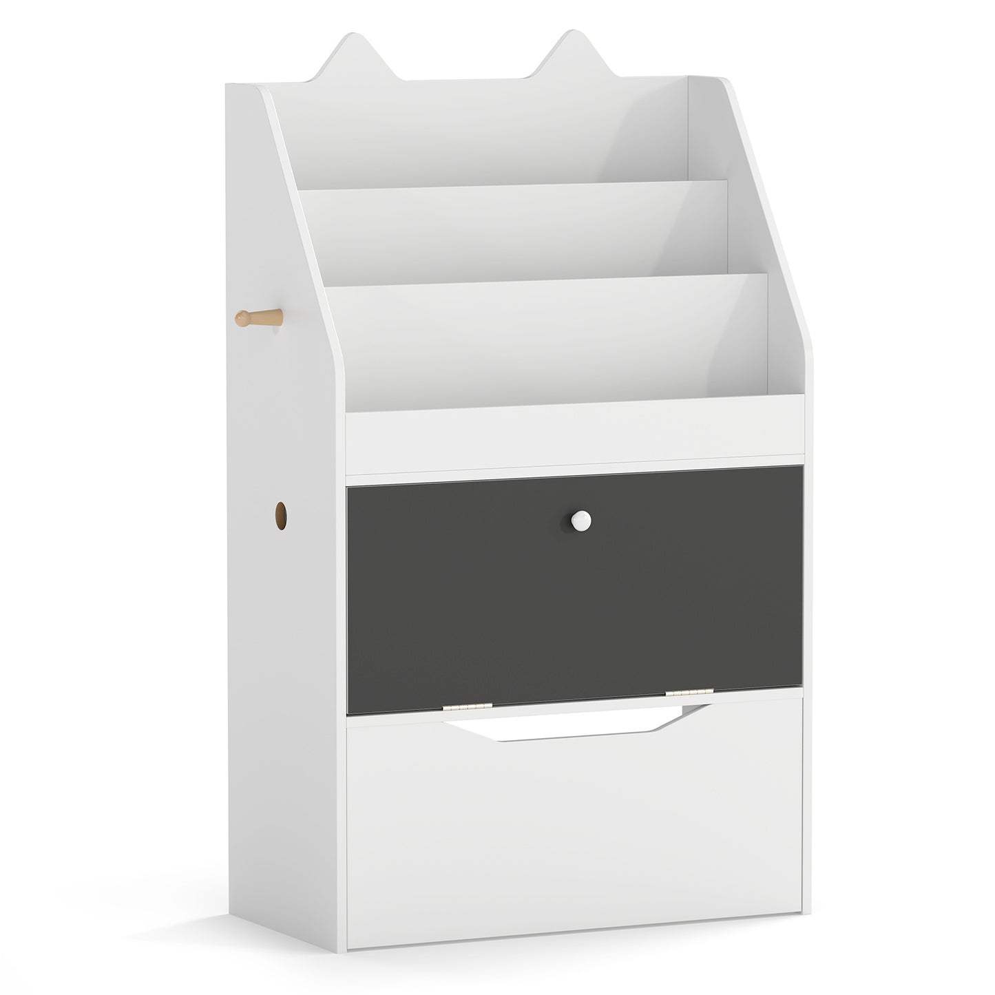 Costway Boekenkast Kind Boekenkast Kast Speelgoedkast met Afneembare Lade met Wielen Kinderboekenrek met Krijtbord Kattenoren Wit