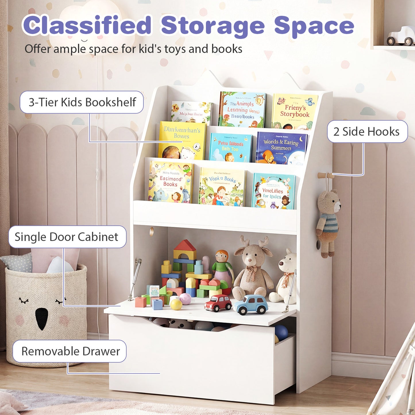 Costway Boekenkast Kind Boekenkast Kast Speelgoedkast met Afneembare Lade met Wielen Kinderboekenrek met Krijtbord Kattenoren Wit