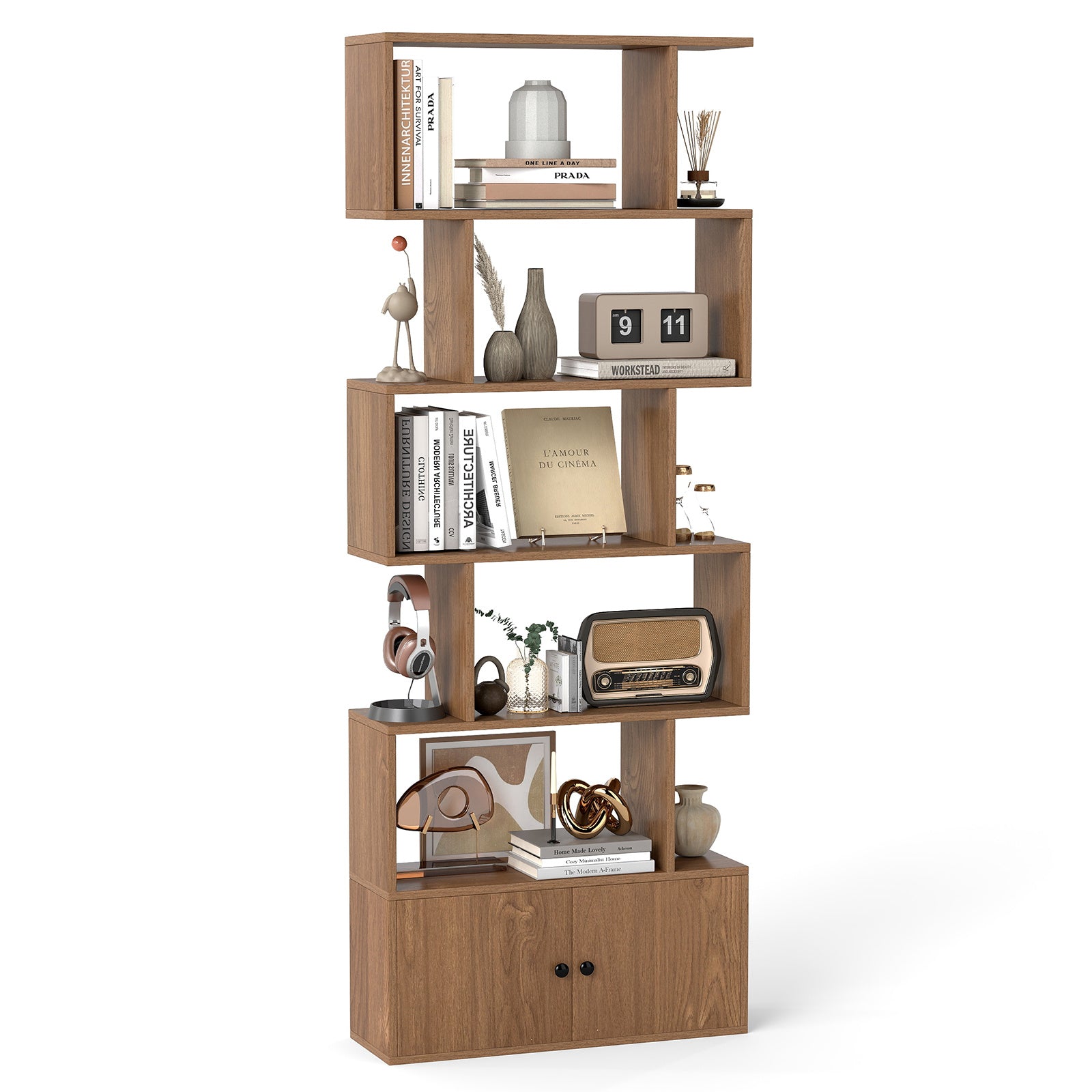Costway Boekenkast Rek met 5 Niveaus Kantoorrek van Hout Archiefrek Opbergrek voor Woonkamer 183 x 70 x 23 cm Naturel