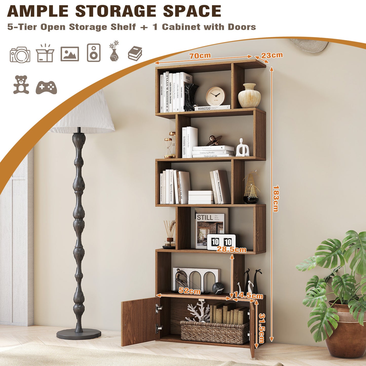 Costway Boekenkast Rek met 5 Niveaus Kantoorrek van Hout Archiefrek Opbergrek voor Woonkamer 183 x 70 x 23 cm Naturel