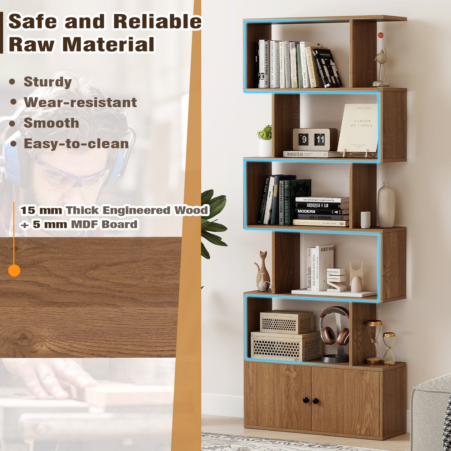 Costway Boekenkast Rek met 5 Niveaus Kantoorrek van Hout Archiefrek Opbergrek voor Woonkamer 183 x 70 x 23 cm Naturel