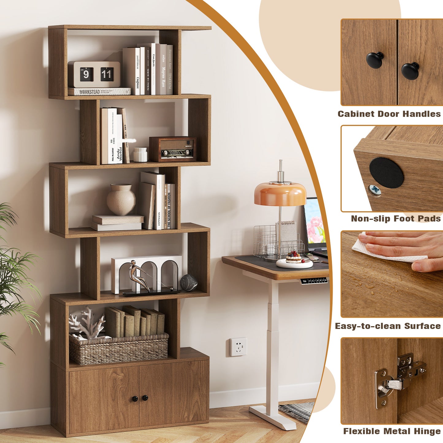Costway Boekenkast Rek met 5 Niveaus Kantoorrek van Hout Archiefrek Opbergrek voor Woonkamer 183 x 70 x 23 cm Naturel