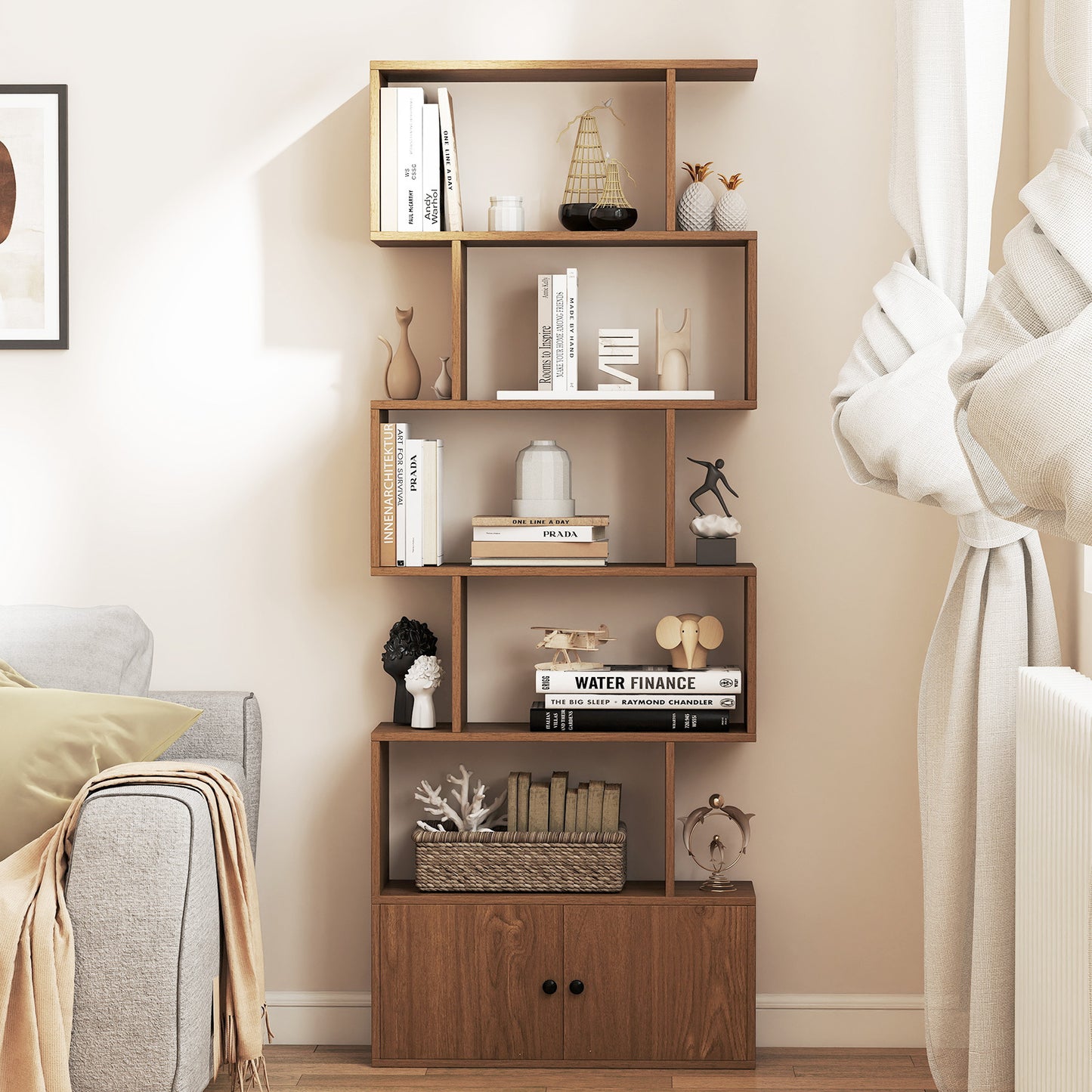 Costway Boekenkast Rek met 5 Niveaus Kantoorrek van Hout Archiefrek Opbergrek voor Woonkamer 183 x 70 x 23 cm Naturel