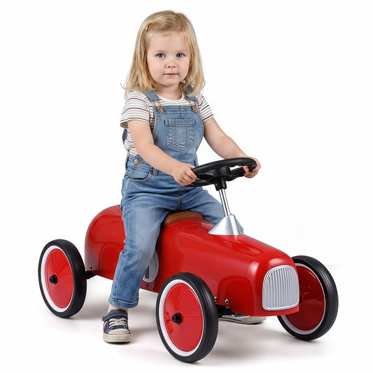 Costway Bordeauxrode Vintage Raceauto voor Kinderen Vanaf 18 Maanden Loopauto voor Kinderen Draaibaar Stuur Rood