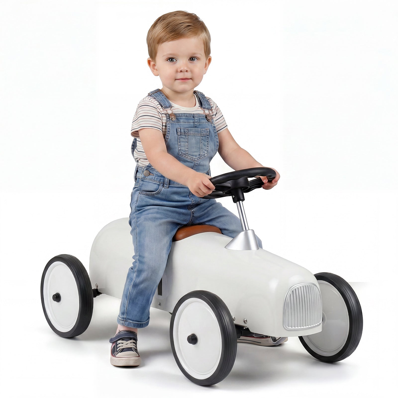 Costway Bordeauxrode Vintage Raceauto voor Kinderen Vanaf 18 Maanden Loopauto voor Kinderen Draaibaar Stuur Wit
