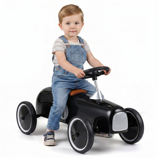 Costway Bordeauxrode Vintage Raceauto voor Kinderen Vanaf 18 Maanden Loopauto voor Kinderen Draaibaar Stuur Zwart