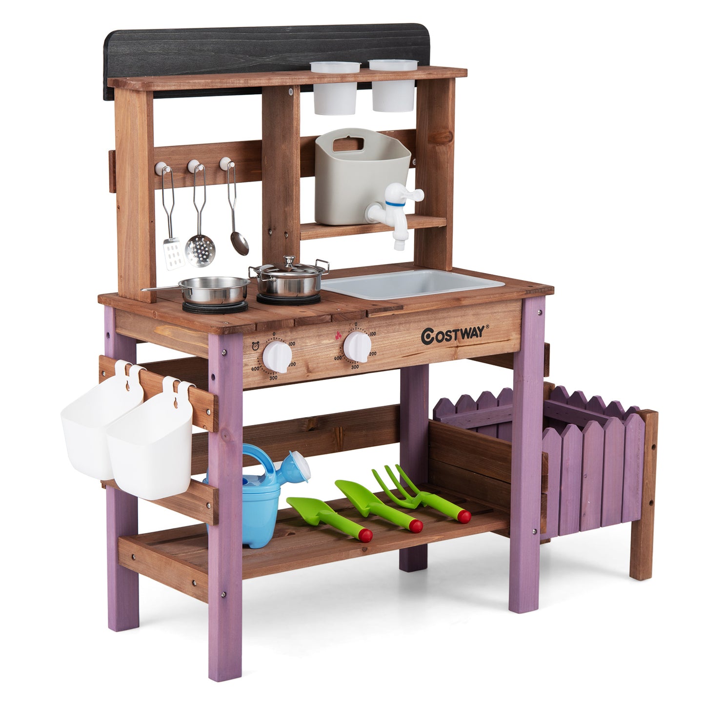 Costway Buitenkeukentje Houten Speelkeuken met Kraan en Spoelbak Kinderkeuken met Plantenbak en Bloempot