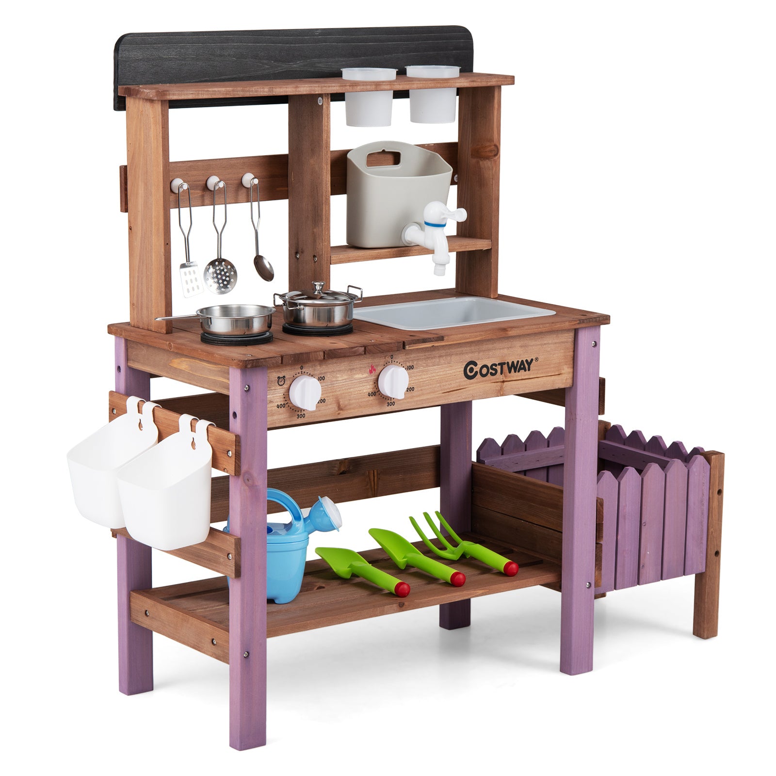 Costway Buitenkeukentje Houten Speelkeuken met Kraan en Spoelbak Kinderkeuken met Plantenbak en Bloempot
