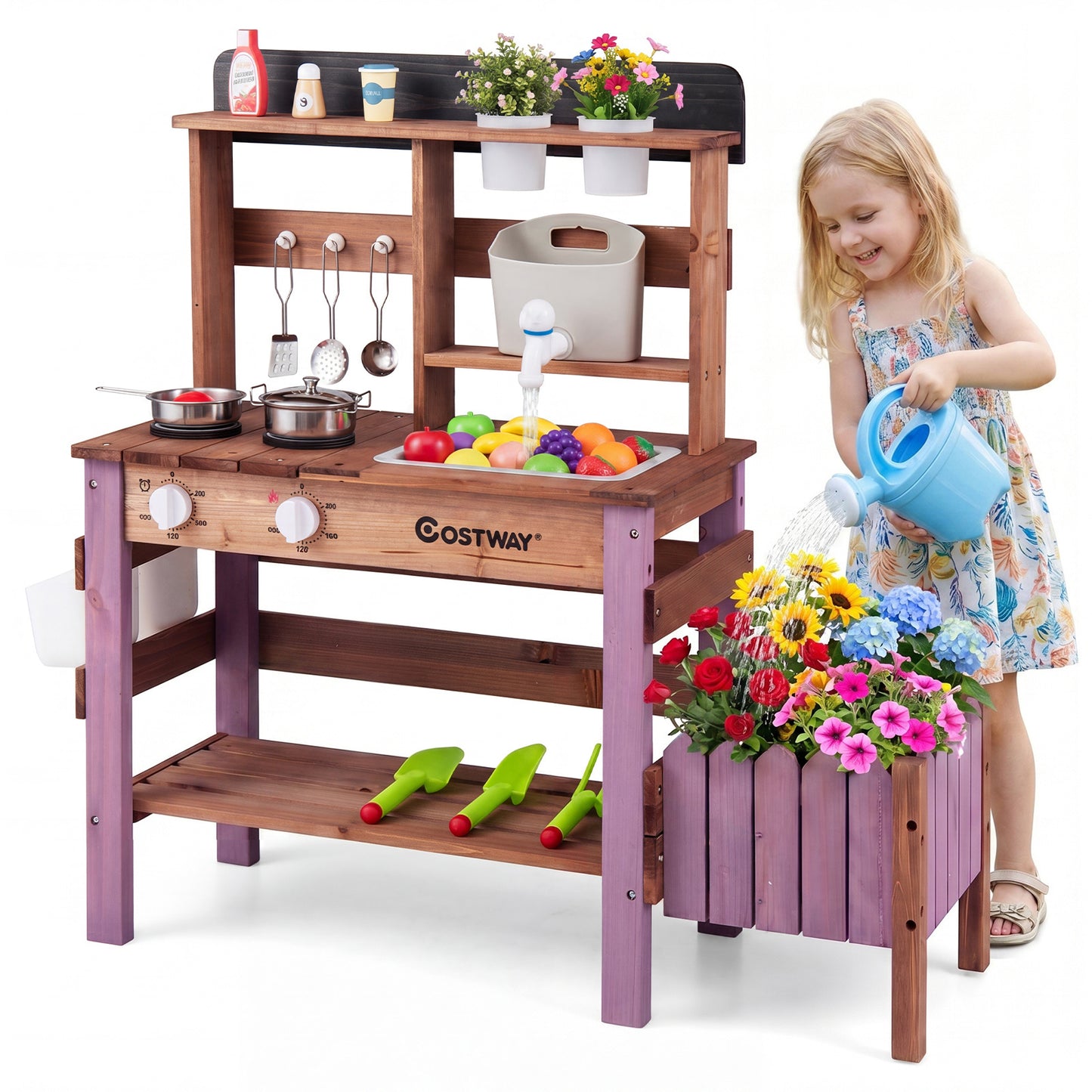 Costway Buitenkeukentje Houten Speelkeuken met Kraan en Spoelbak Kinderkeuken met Plantenbak en Bloempot