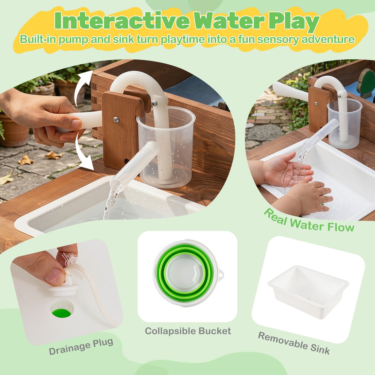Costway Buitenspeelkeuken voor Kinderen Zandbak met Waterpomp Emmer Accessoires & Zandscheppen Waterspeeltafel