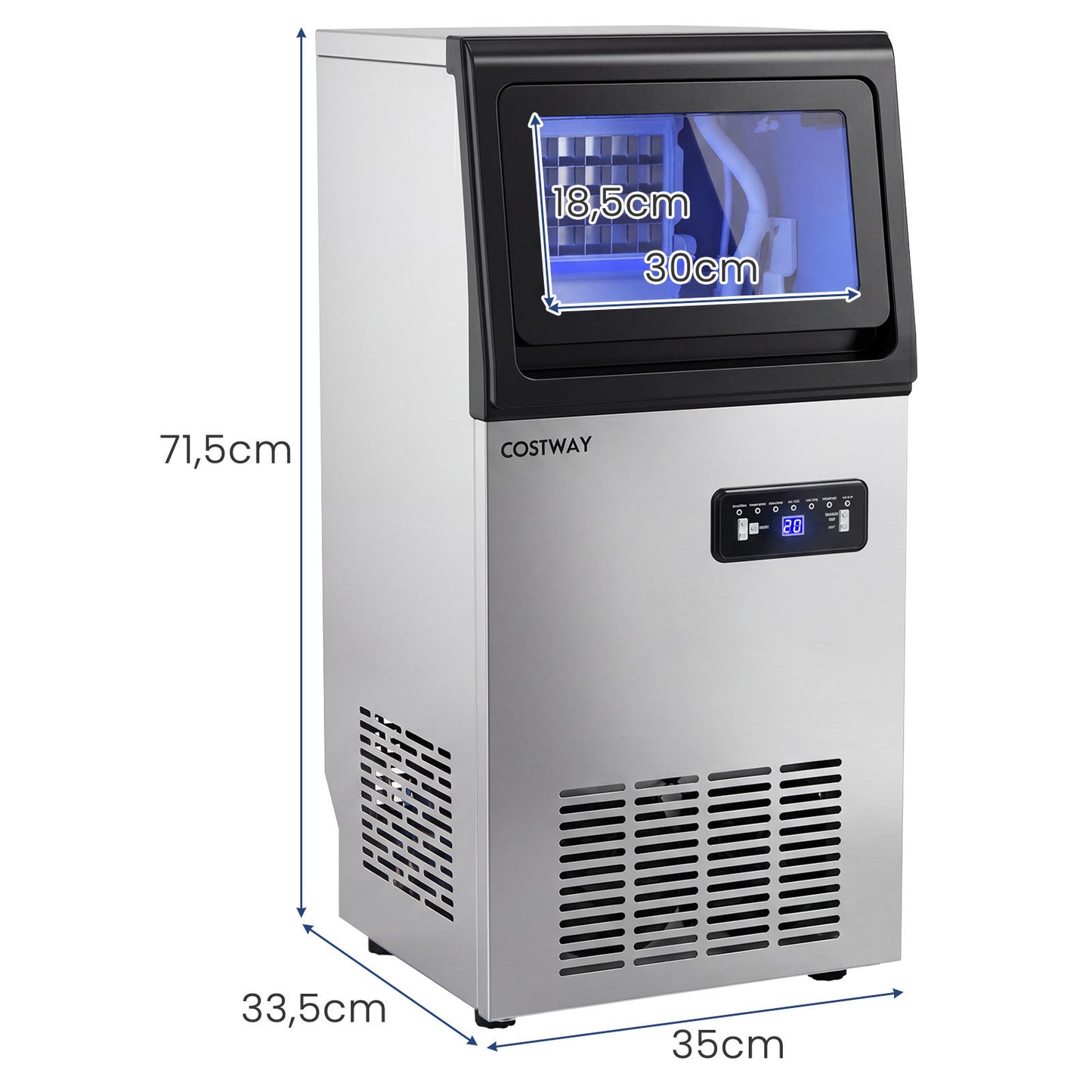 Costway Commerciële Ijsblokjesmachine 50 kg 24 uur met 11 kg Ijsopslagcapaciteit van Roestvrij Staal met Timer en Zelfreiniging voor Huisbar Bar en Café