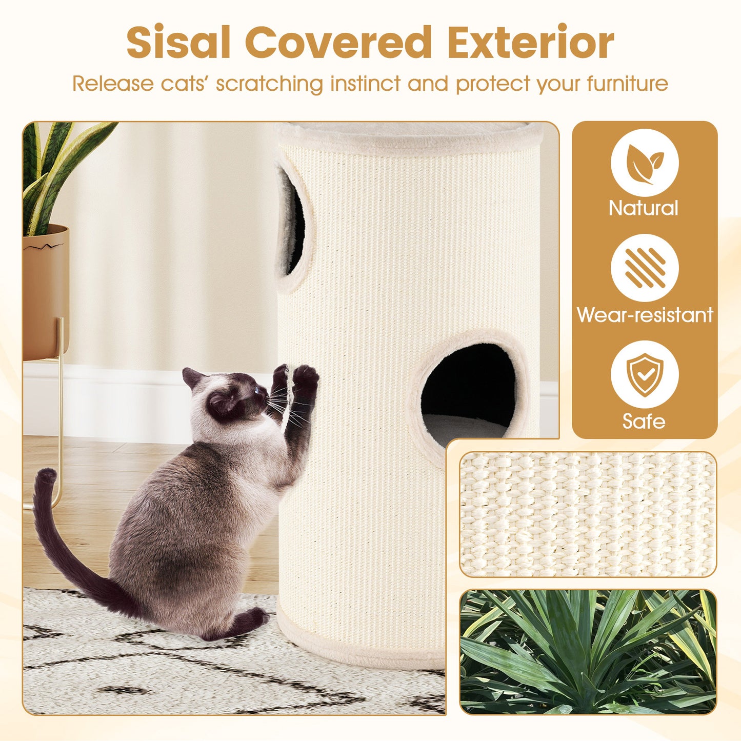 Costway Condo voor Katten met 4 Verdiepingen Multi-level Kattenhuis met Sisal Krabmat Zacht Bed Beige