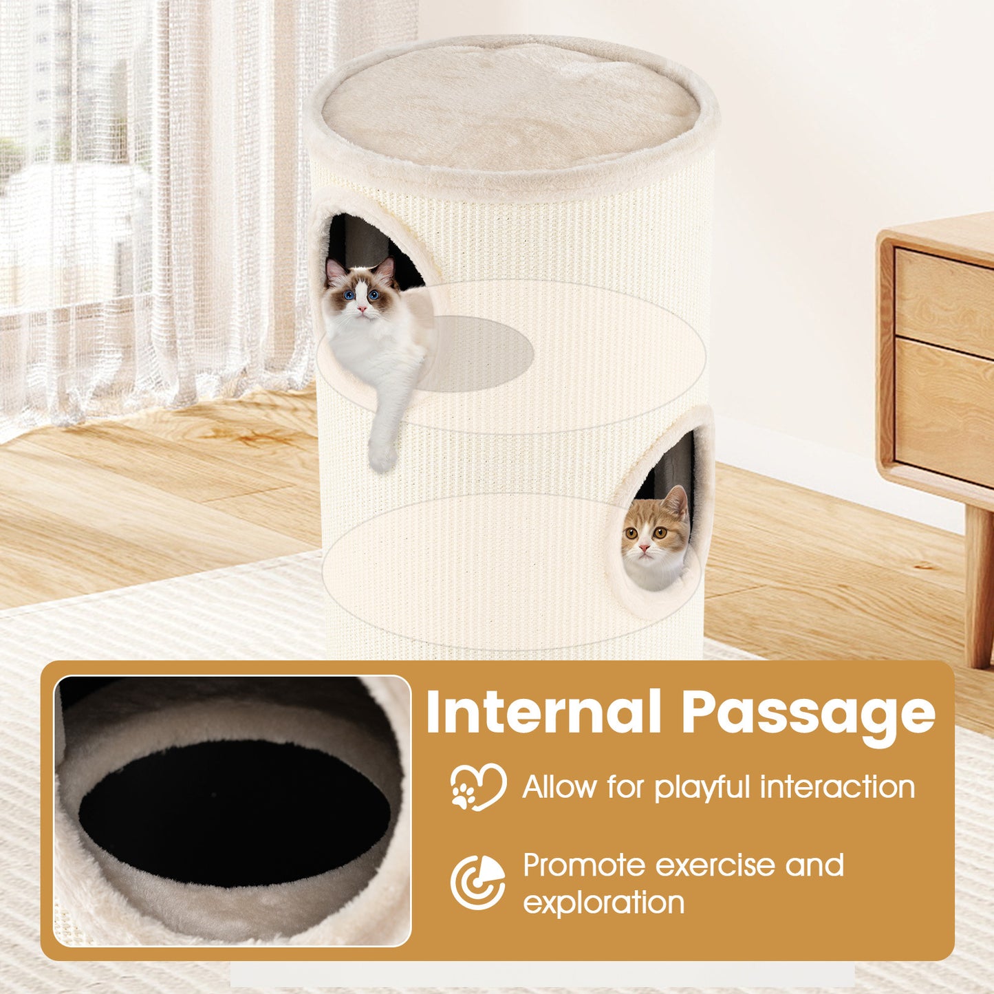 Costway Condo voor Katten met 4 Verdiepingen Multi-level Kattenhuis met Sisal Krabmat Zacht Bed Beige