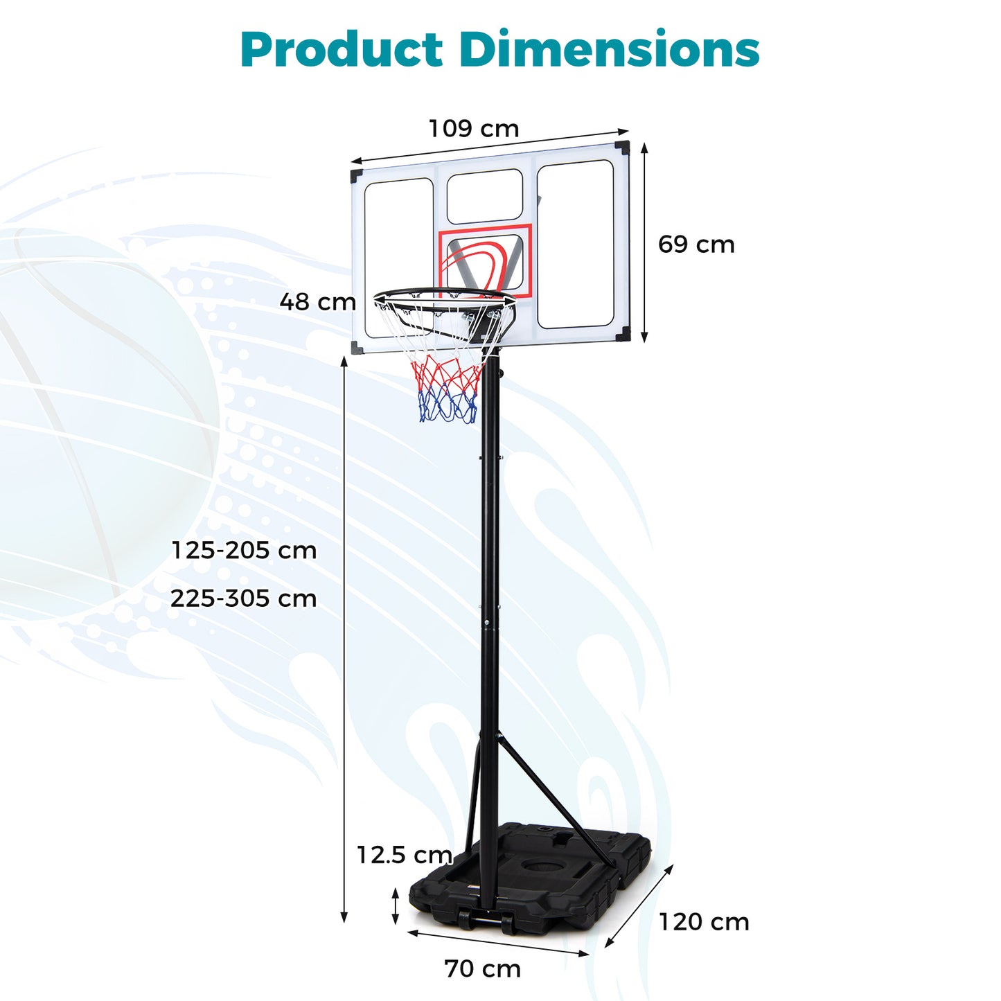Costway Draagbare Basketbalstandaard 125-305cm Hoogteverstelbare Basket met 108cm Onbreekbare Backboard