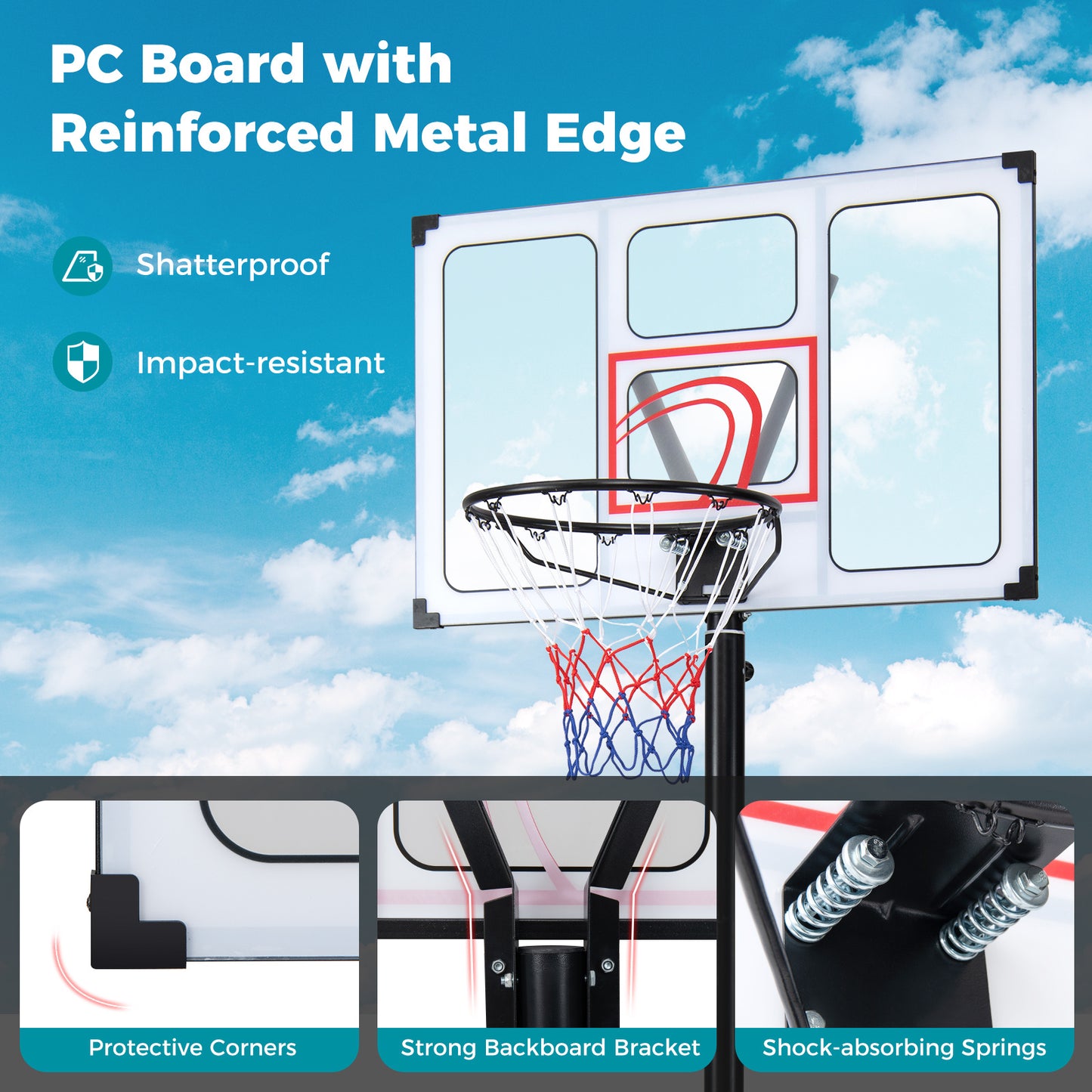 Costway Draagbare Basketbalstandaard 125-305cm Hoogteverstelbare Basket met 108cm Onbreekbare Backboard