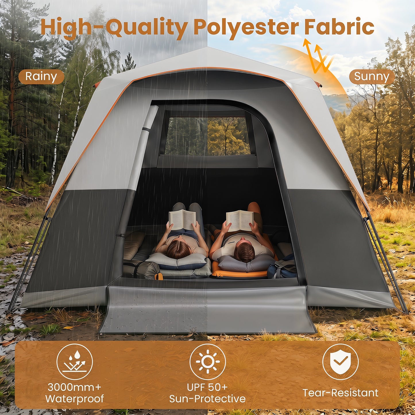 Costway Draagbare Campingtent voor 6 Personen met Regenbescherming Grijs