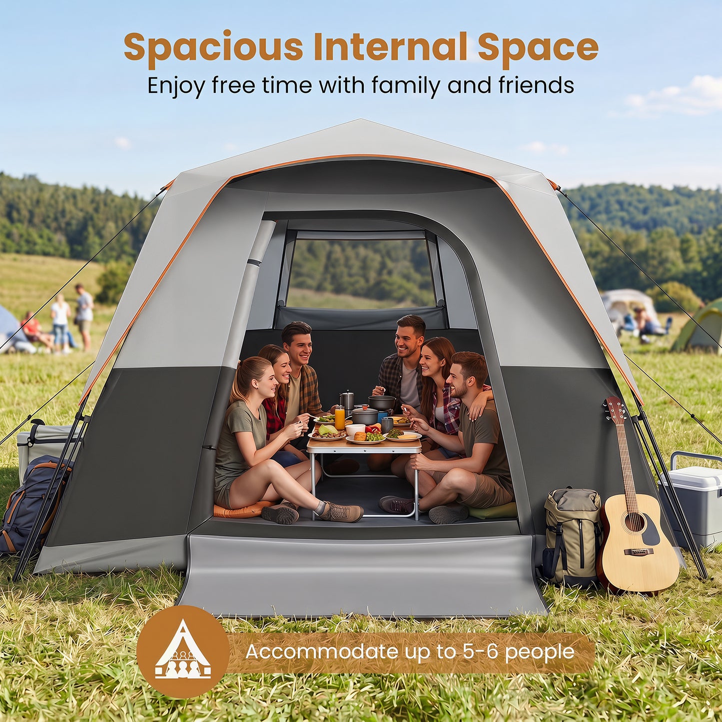 Costway Draagbare Campingtent voor 6 Personen met Regenbescherming Grijs
