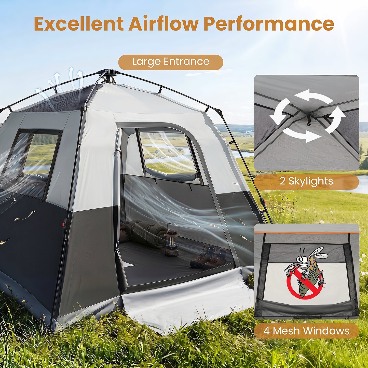 Costway Draagbare Campingtent voor 6 Personen met Regenbescherming Grijs