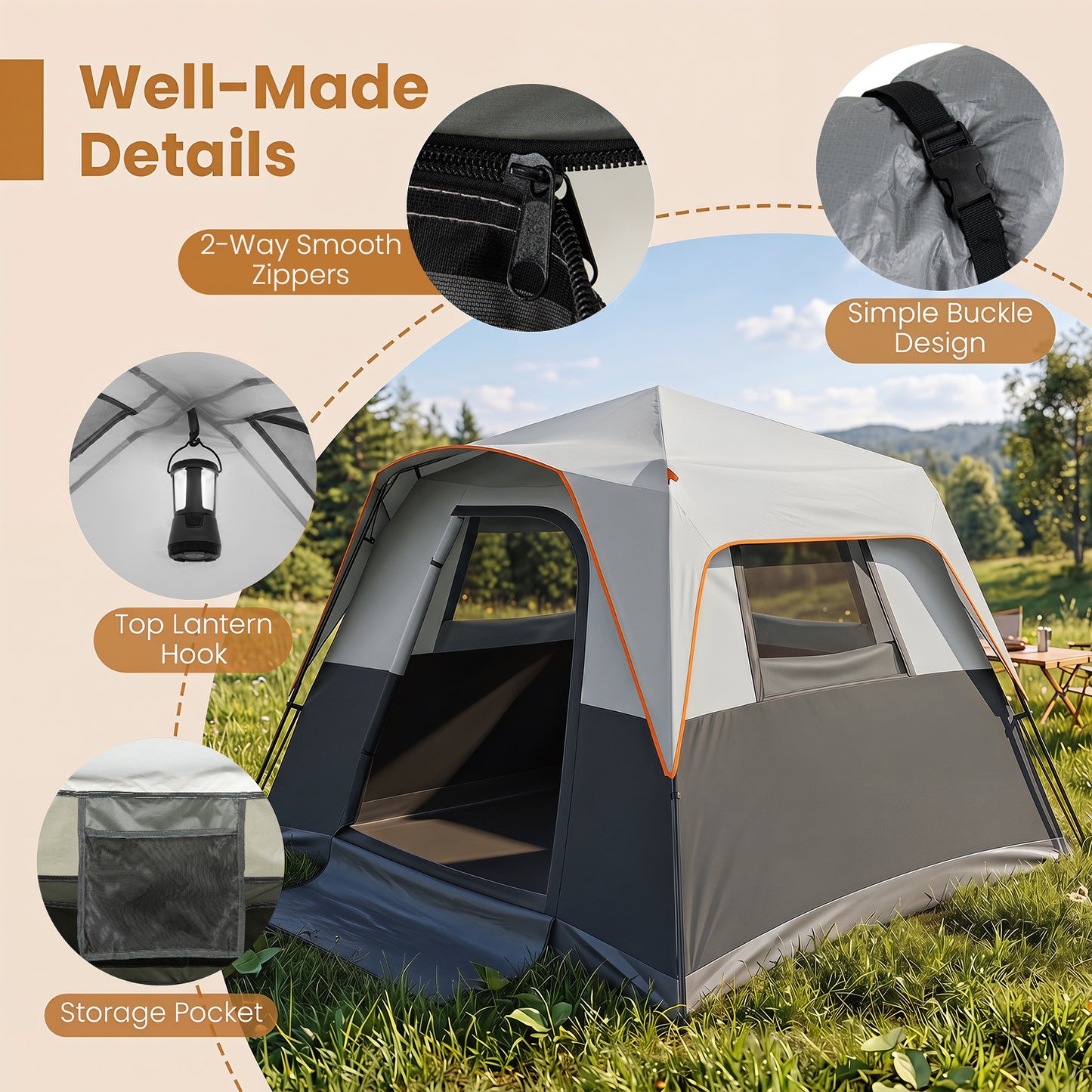 Costway Draagbare Campingtent voor 6 Personen met Regenbescherming Grijs