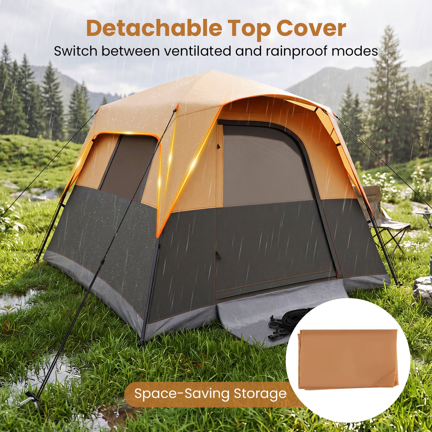 Costway Draagbare Campingtent voor 6 Personen met Regenbescherming Oranje