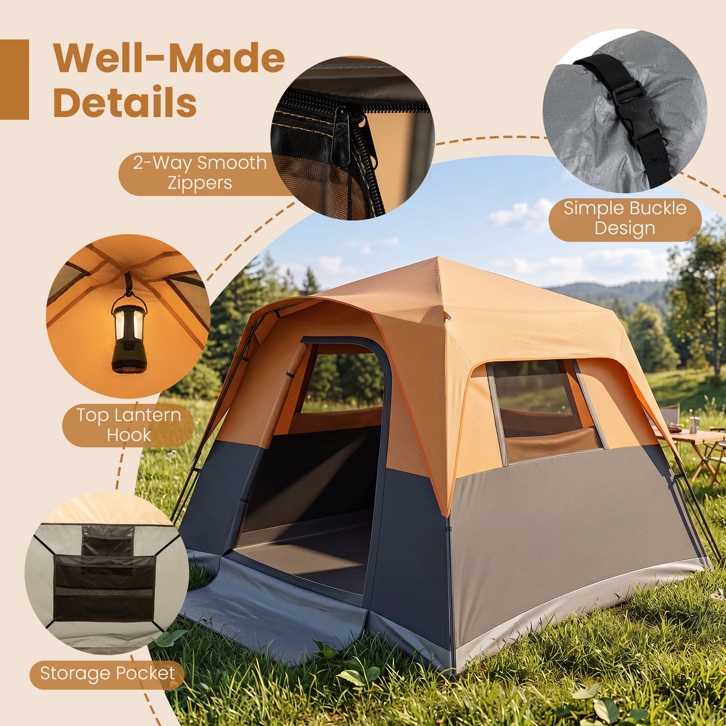 Costway Draagbare Campingtent voor 6 Personen met Regenbescherming Oranje