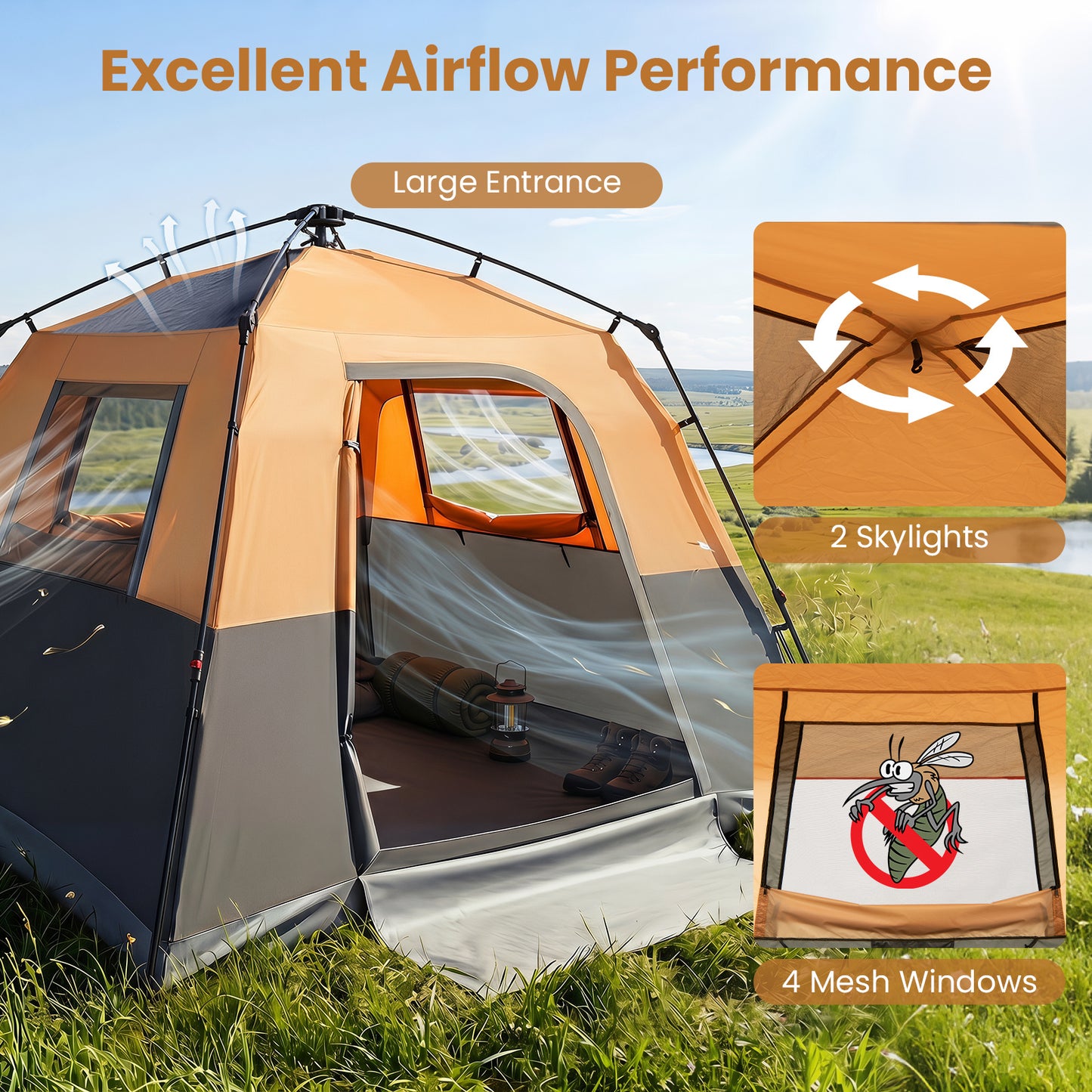 Costway Draagbare Campingtent voor 6 Personen met Regenbescherming Oranje
