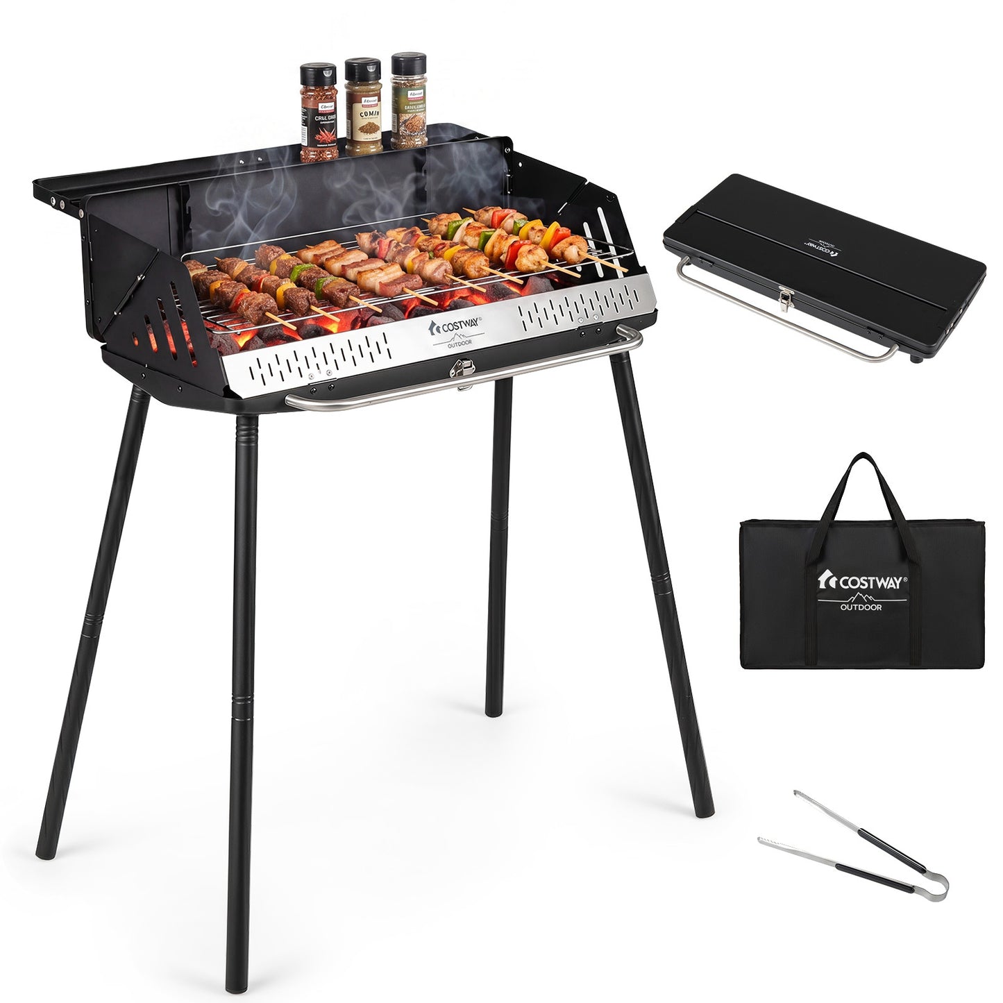 Costway Draagbare Houtskoolbarbecue Opvouwbare Barbecue voor Buiten met Verstelbare Hoogte
