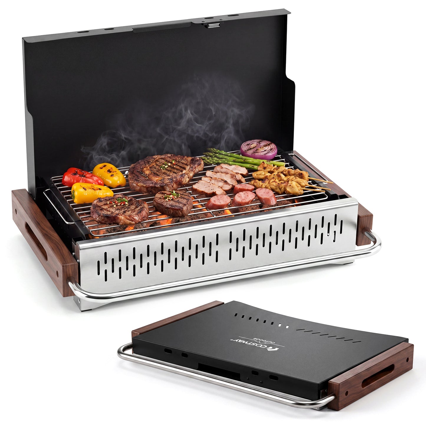 Costway Draagbare Houtskoolbarbecue voor Buiten met Opvouwbaar Rooster 62 x 43,5 x 41,5 cm