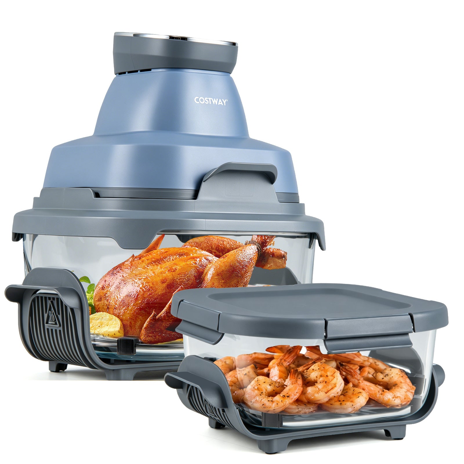 Costway Draagbare Olievrije Friteuse van 4 Liter Glazen Heteluchtfriteuse van 1500 W met Twee Stapelbare Bakken Blauw