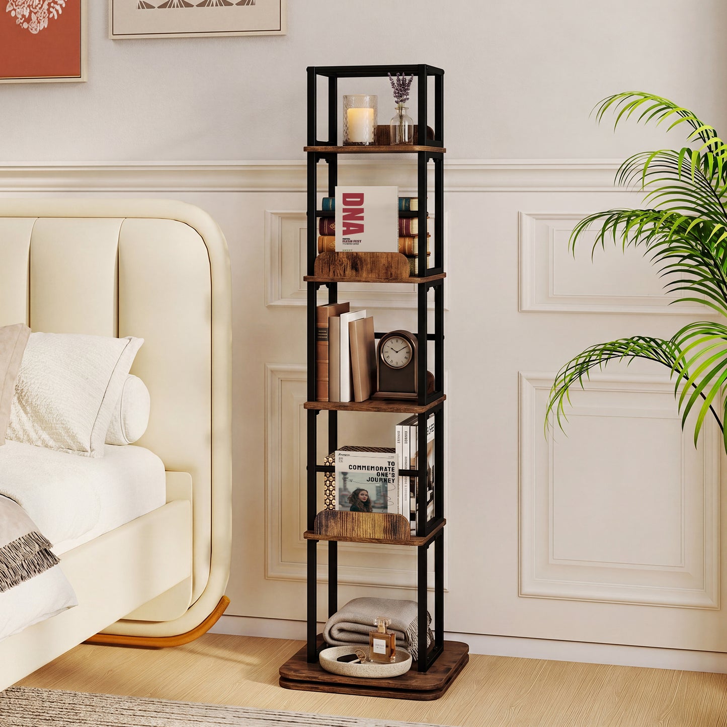 Costway Draaibare Boekenkast Boekenrek met 5 Planken Open Rekken met Zijranden en Valbeveiliging 40 x 40 x 148,5 cm