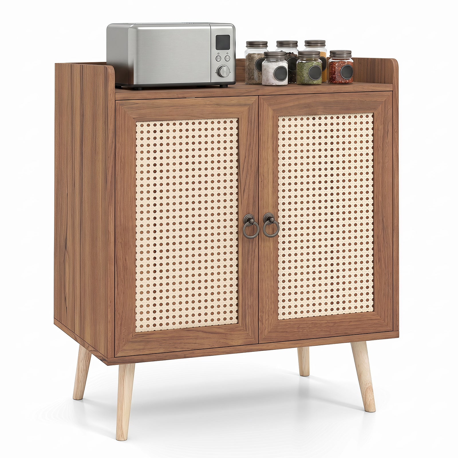Costway Dressoir met Rattan Deuren Keuken Kast van Hout met Werkblad & Verstelbare Planken Buffetkast met Kantelbeveiliging Bruin