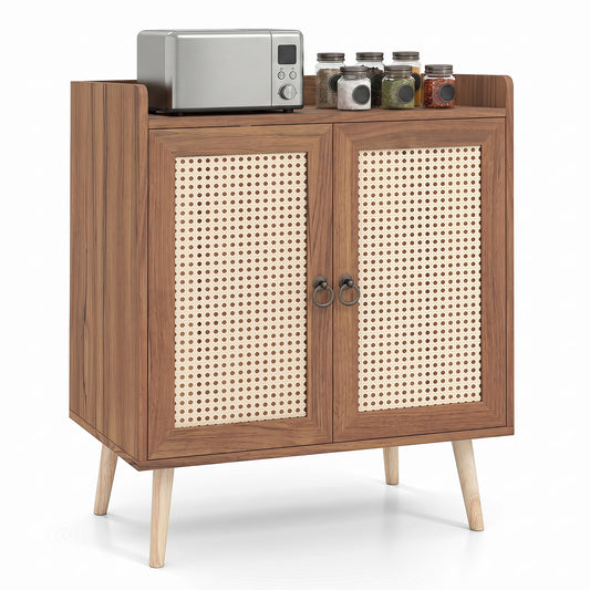 Costway Dressoir met Rattan Deuren Keuken Kast van Hout met Werkblad & Verstelbare Planken Buffetkast met Kantelbeveiliging Bruin