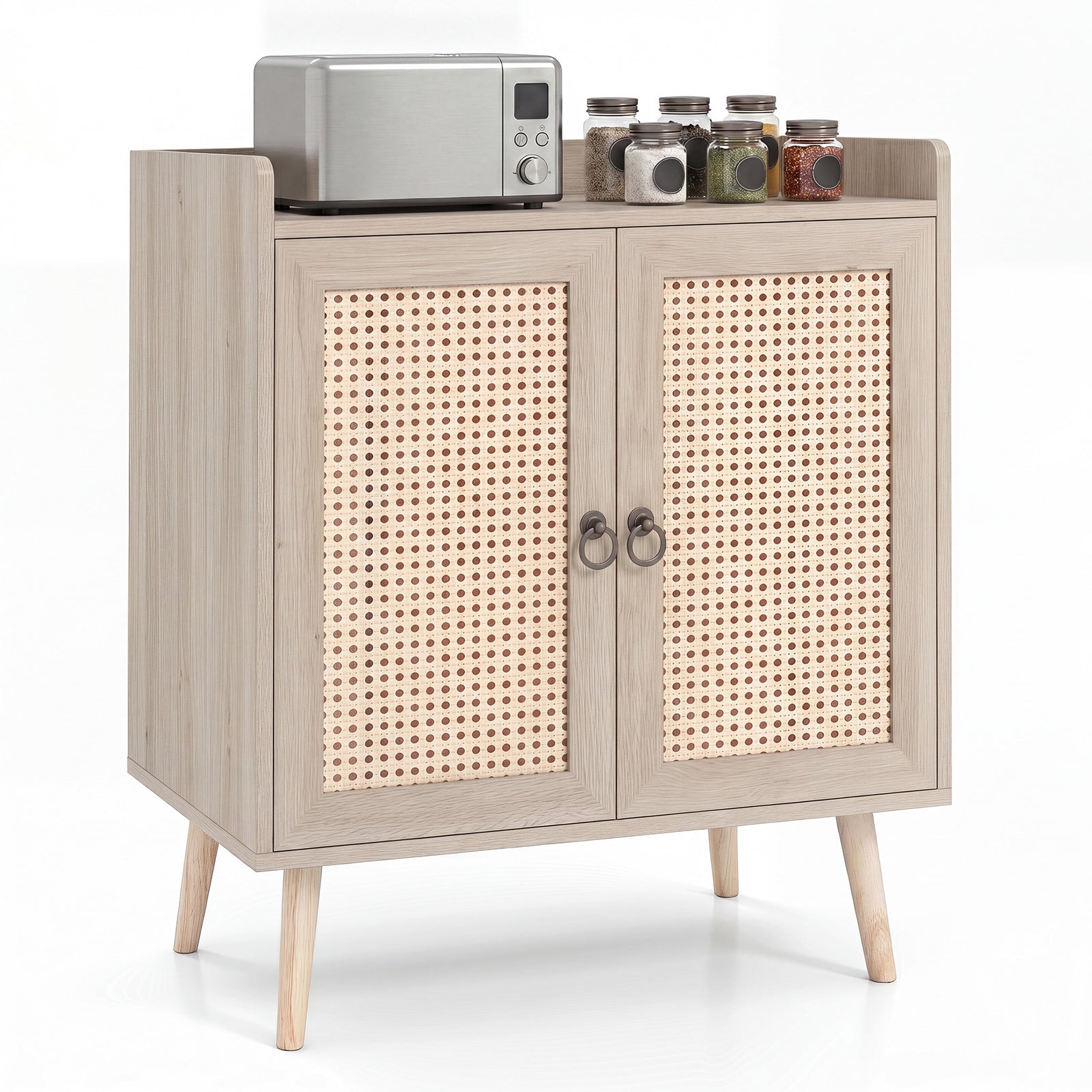 Costway Dressoir met Rotan Deuren Keukenkast van Hout met Werkblad & Verstelbare Planken