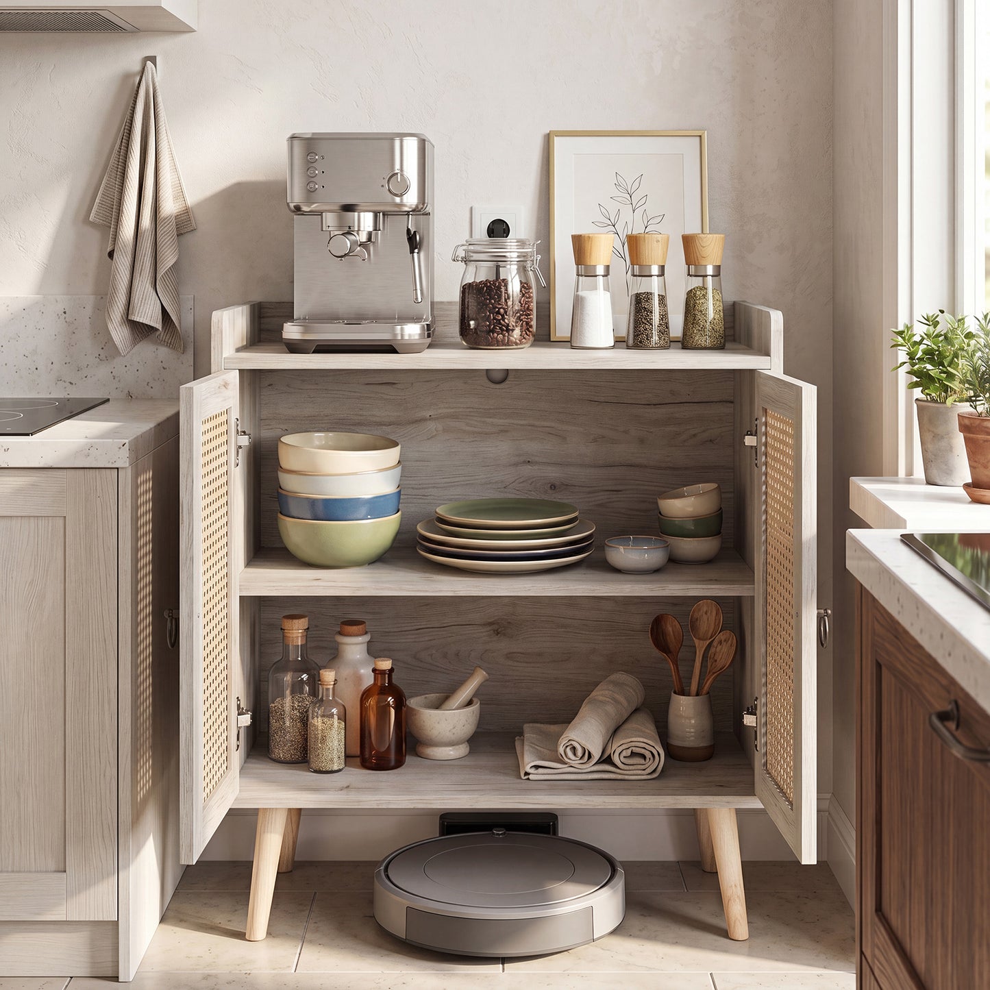 Costway Dressoir met Rotan Deuren Keukenkast van Hout met Werkblad & Verstelbare Planken