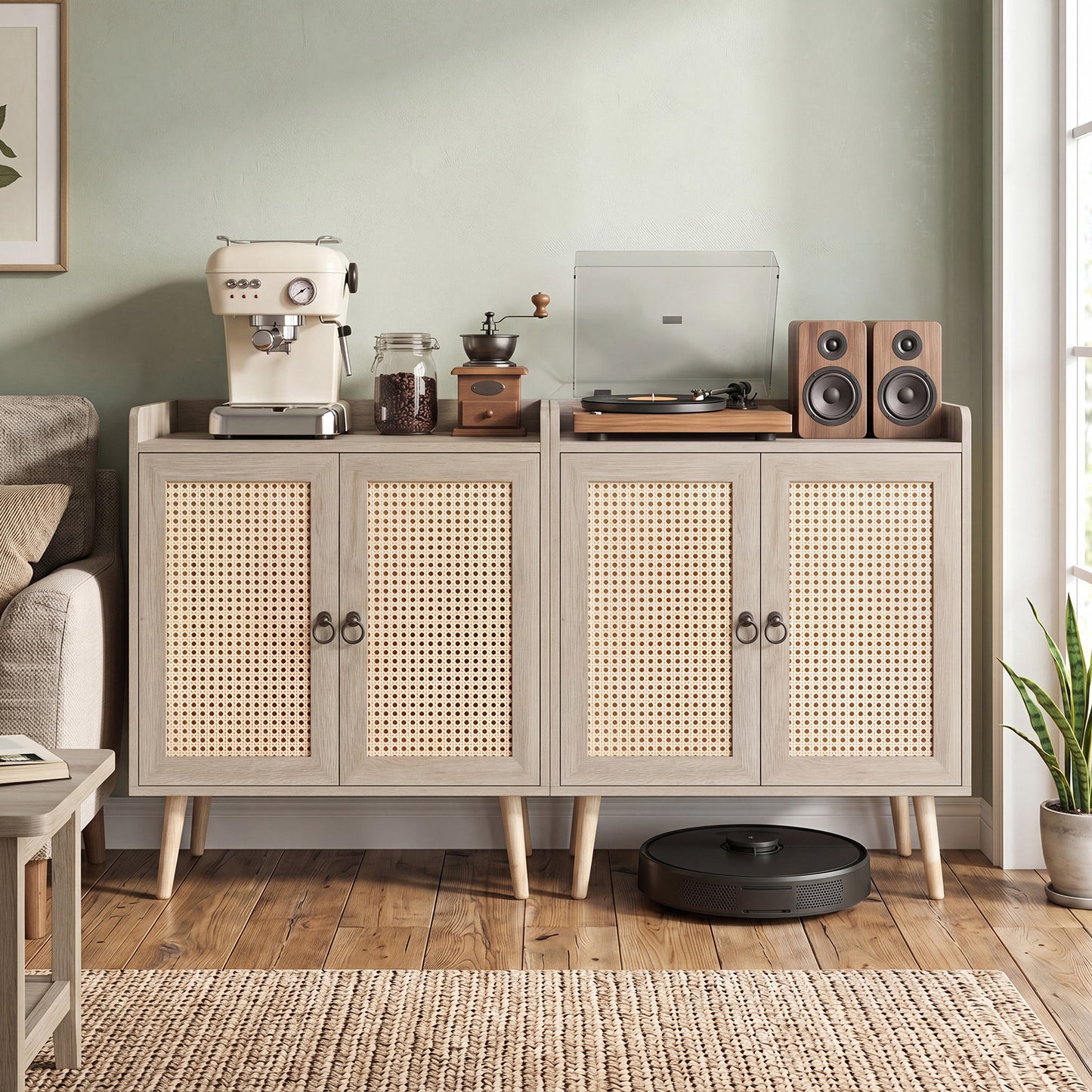 Costway Dressoir met Rotan Deuren Keukenkast van Hout met Werkblad & Verstelbare Planken