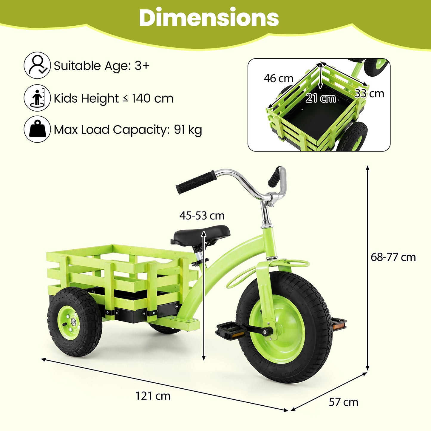 Costway Driewieler Kinderfiets met Verstelbare Zitting en Stuur Loopfiets met Schokabsorberende Rubberen Banden en Pedalen Kinderdriwiel Groen