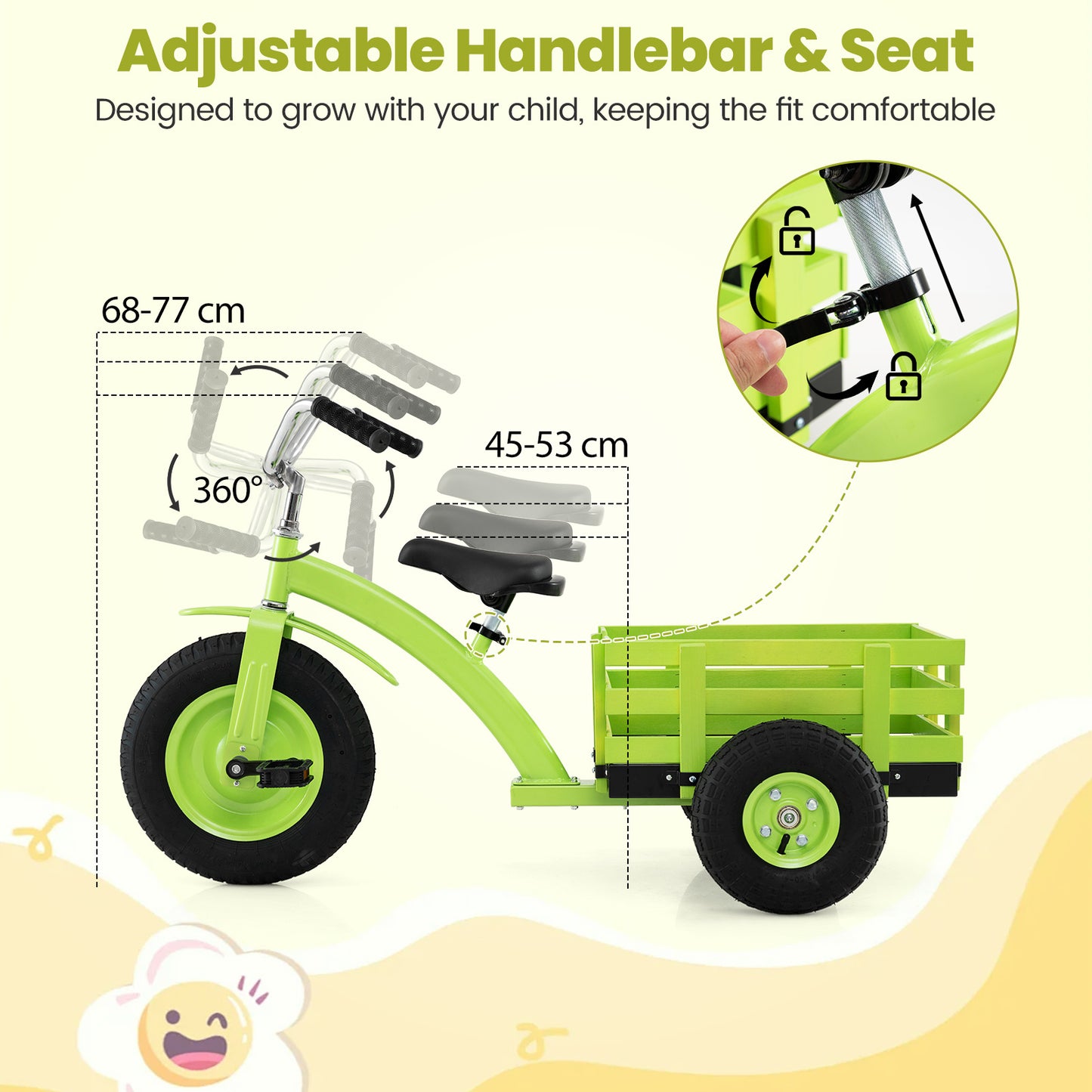Costway Driewieler Kinderfiets met Verstelbare Zitting en Stuur Loopfiets met Schokabsorberende Rubberen Banden en Pedalen Kinderdriwiel Groen