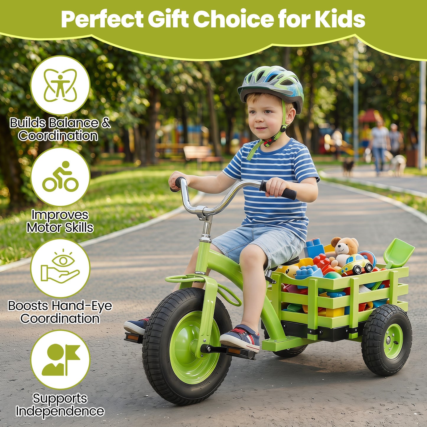 Costway Driewieler Kinderfiets met Verstelbare Zitting en Stuur Loopfiets met Schokabsorberende Rubberen Banden en Pedalen Kinderdriwiel Groen