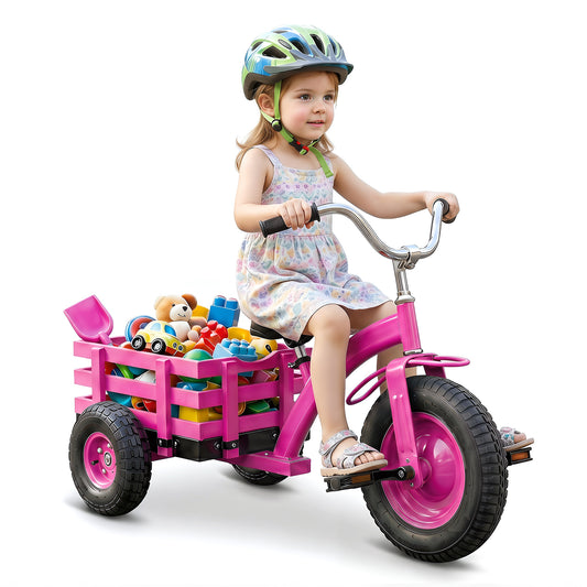 Costway Driewieler Kinderfiets met Verstelbare Zitting en Stuur Loopfiets met Schokabsorberende Rubberen Banden en Pedalen Kinderdriwiel Roze
