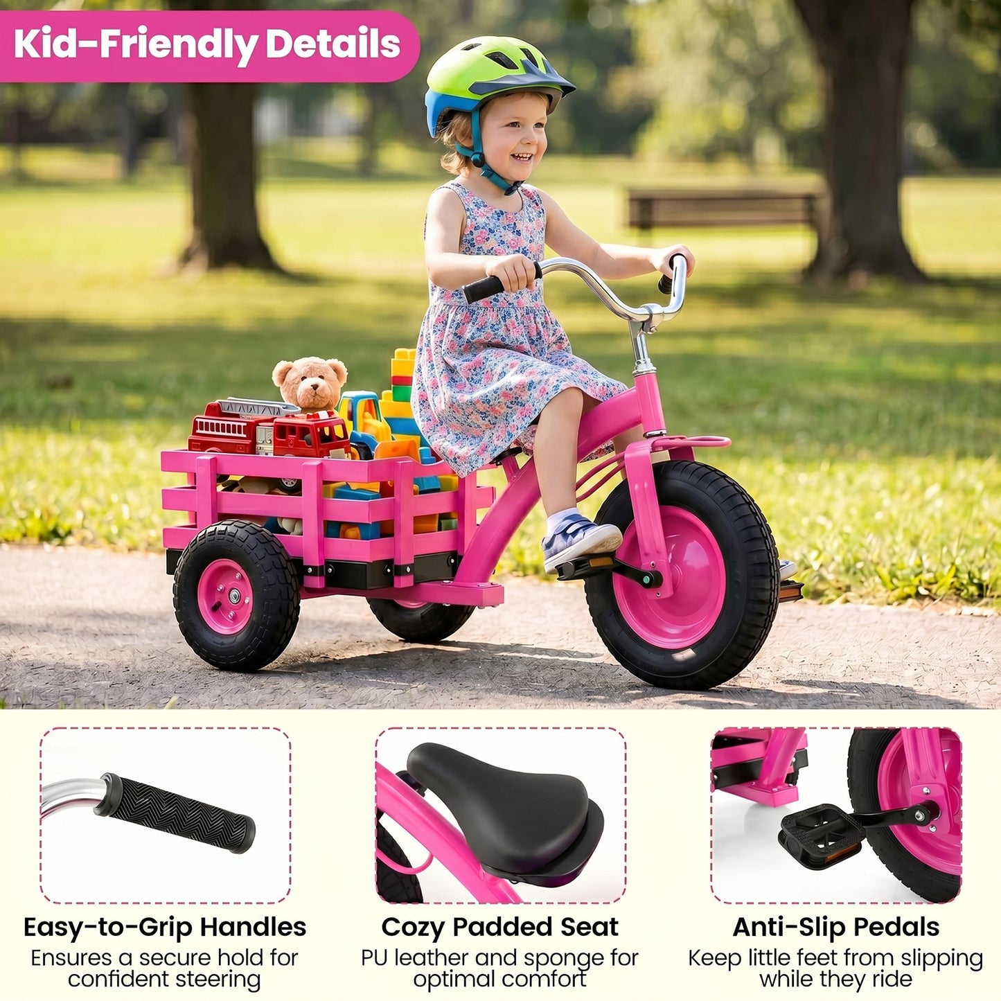 Costway Driewieler Kinderfiets met Verstelbare Zitting en Stuur Loopfiets met Schokabsorberende Rubberen Banden en Pedalen Kinderdriwiel Roze