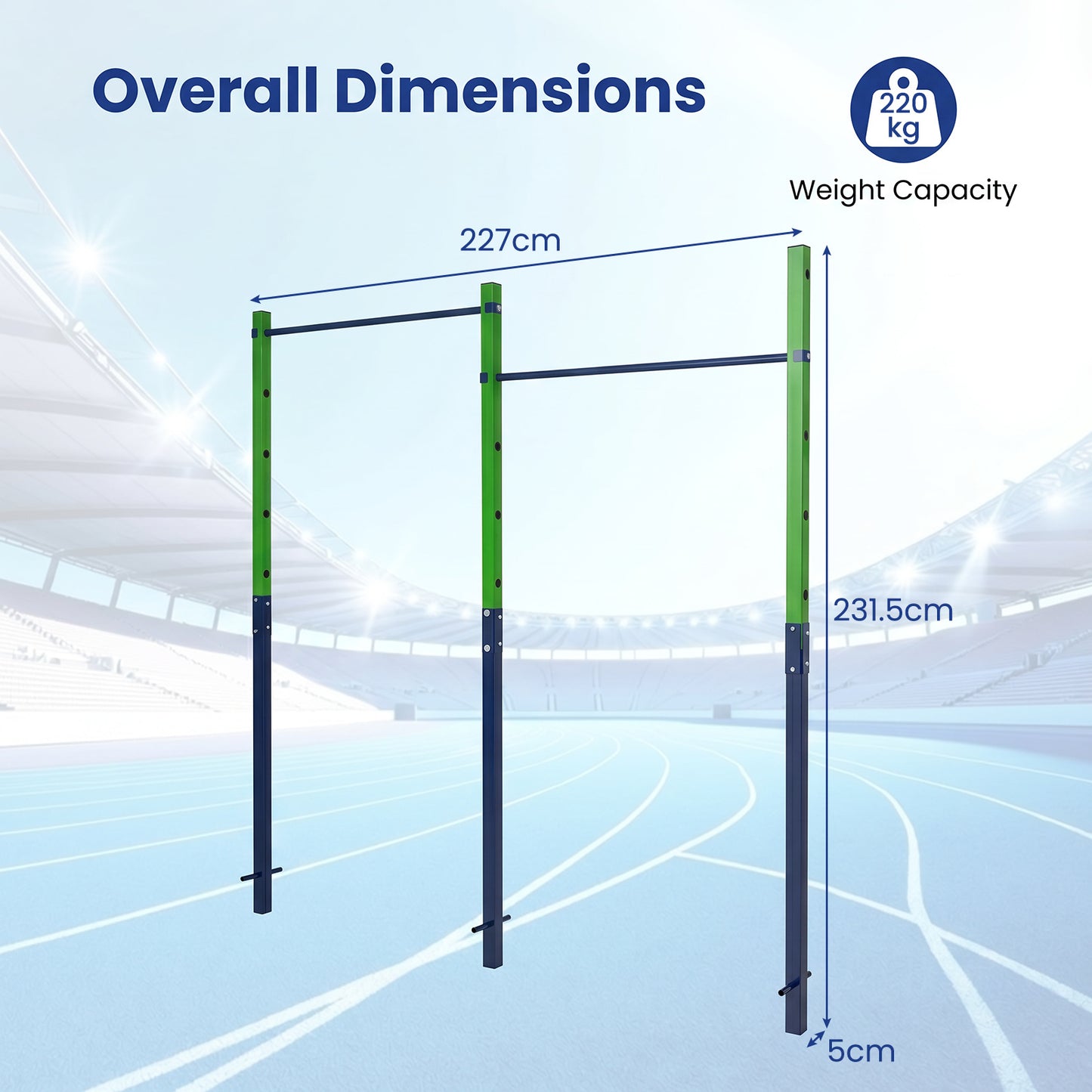 Costway Dubbele Optrekstang in Hoogte Verstelbare Rekstang 80-172 cm Dipstation van Verzinkt Staal tot 220 kg Blauw