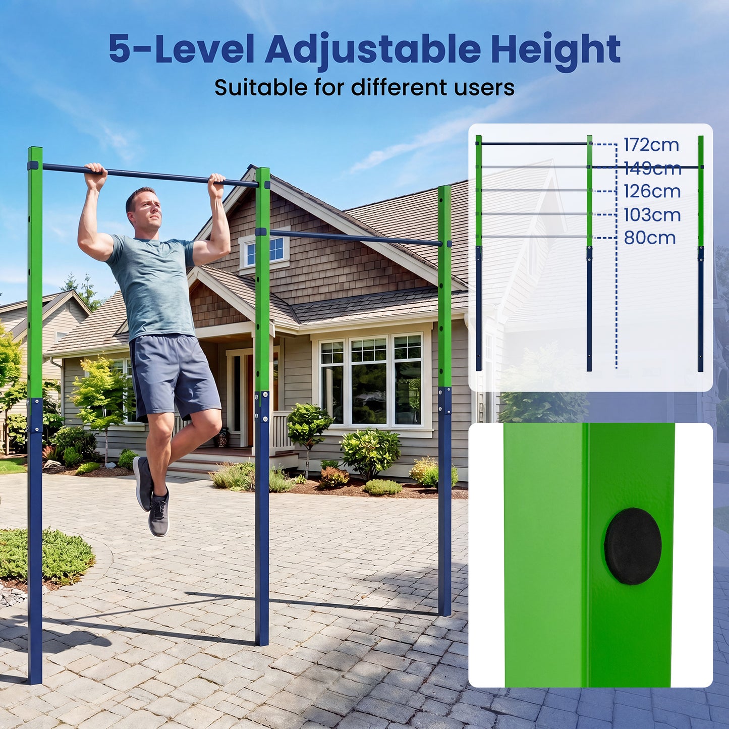 Costway Dubbele Optrekstang in Hoogte Verstelbare Rekstang 80-172 cm Dipstation van Verzinkt Staal tot 220 kg Blauw