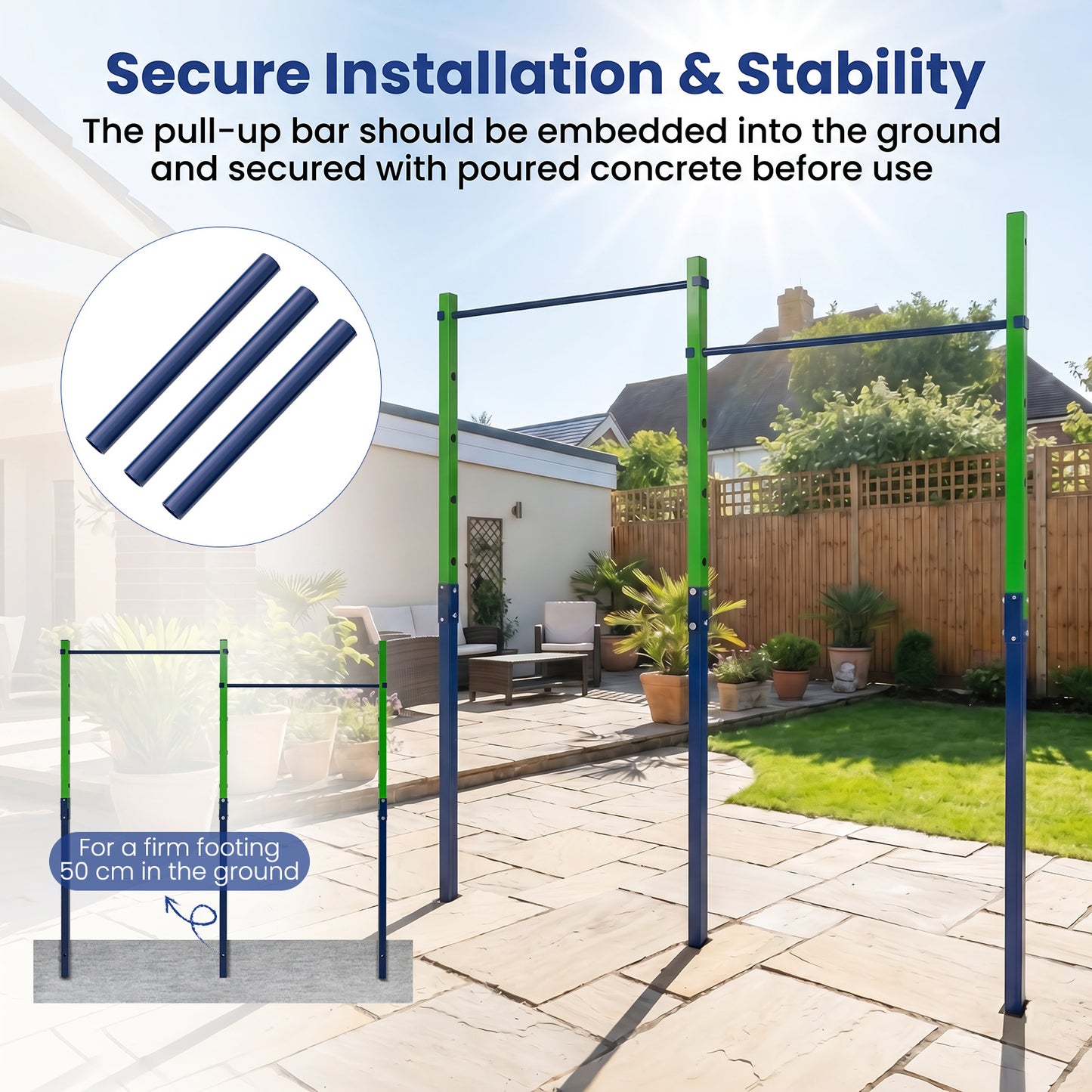 Costway Dubbele Optrekstang in Hoogte Verstelbare Rekstang 80-172 cm Dipstation van Verzinkt Staal tot 220 kg Blauw