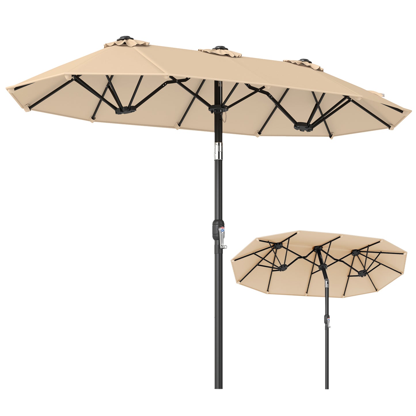 Costway Dubbele Parasol 300 x 160 cm Rechthoekige Parasol met Slinger en 12 Baleinen Beige