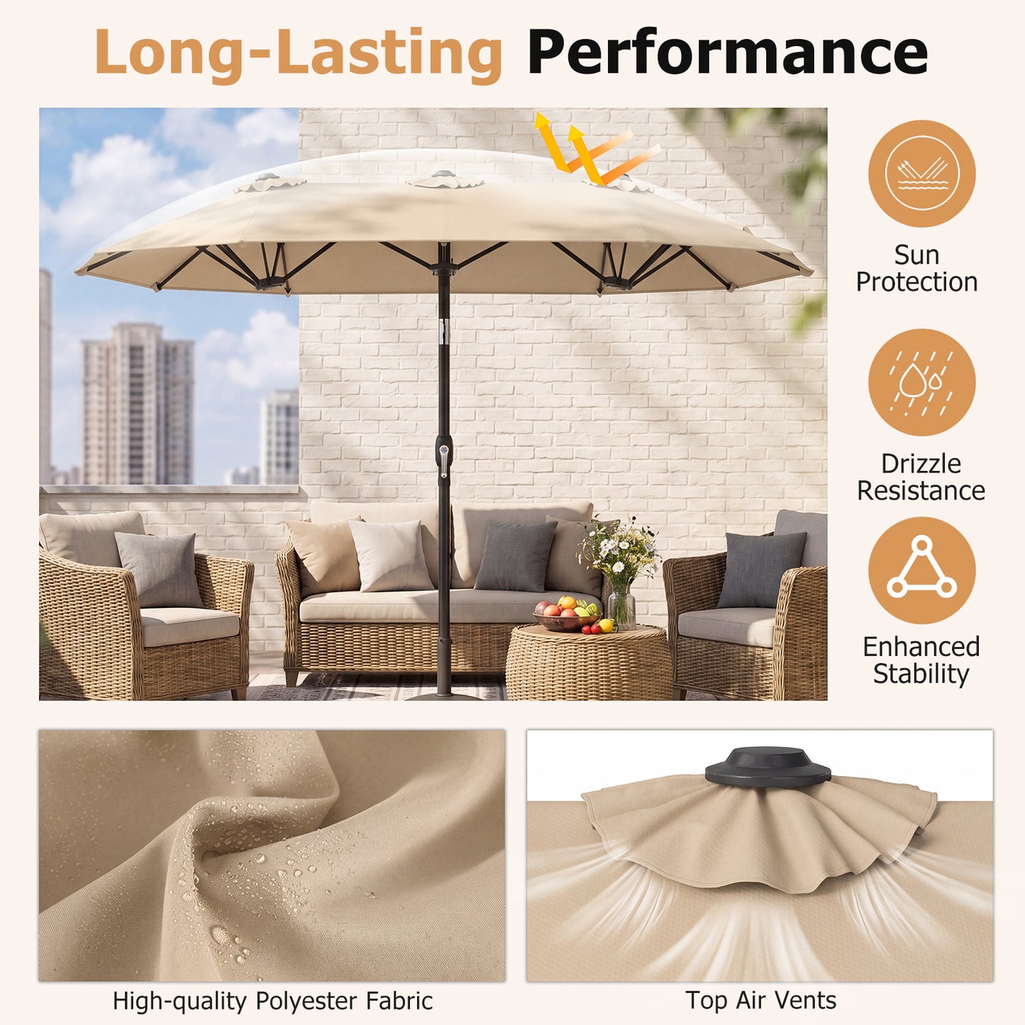 Costway Dubbele Parasol 300 x 160 cm Rechthoekige Parasol met Slinger en 12 Baleinen Beige