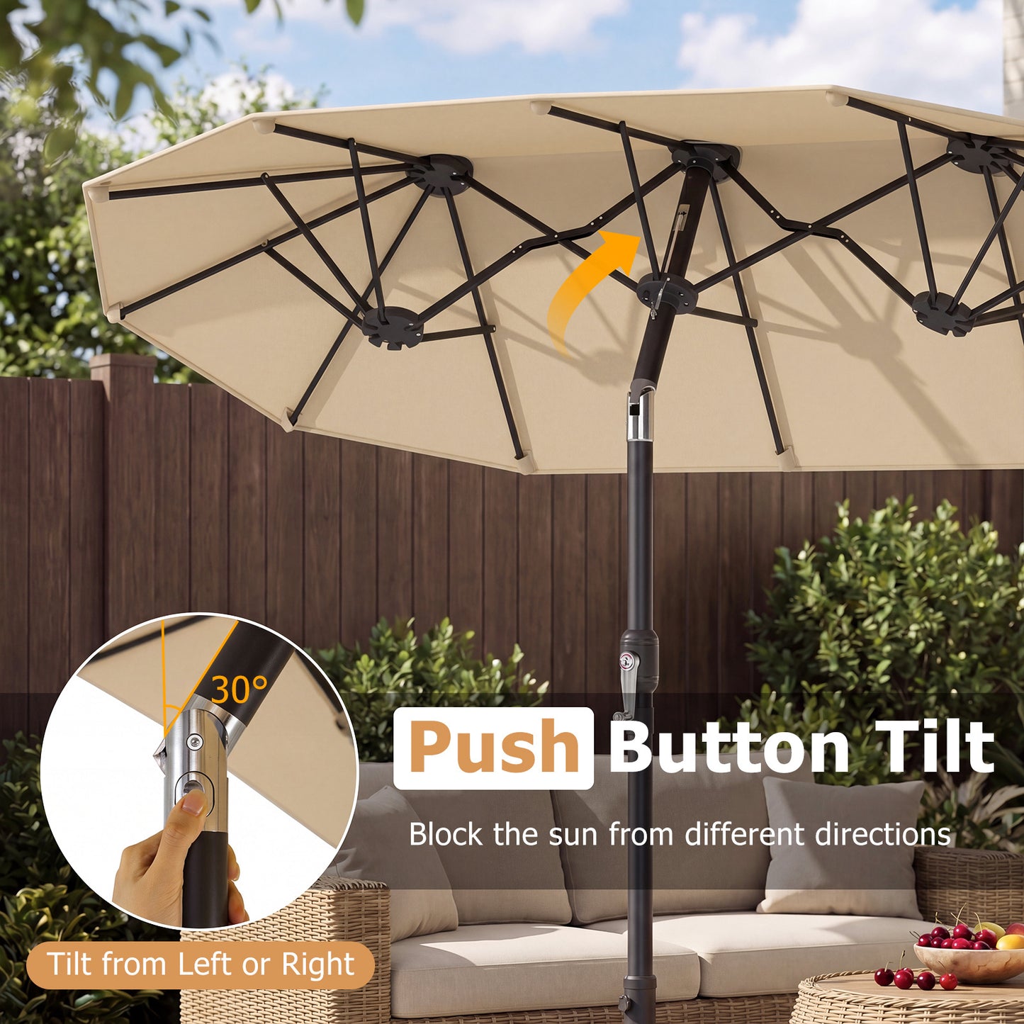 Costway Dubbele Parasol 300 x 160 cm Rechthoekige Parasol met Slinger en 12 Baleinen Beige
