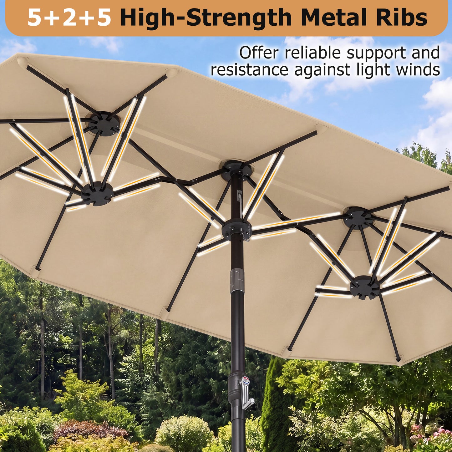 Costway Dubbele Parasol 300 x 160 cm Rechthoekige Parasol met Slinger en 12 Baleinen Beige