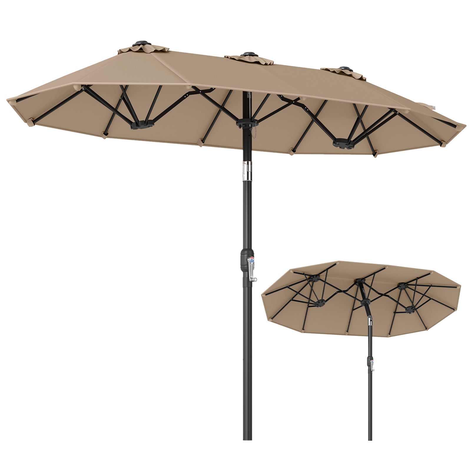 Costway Dubbele Parasol 300 x 160 cm Rechthoekige Parasol met Slinger en 12 Baleinen Bruin